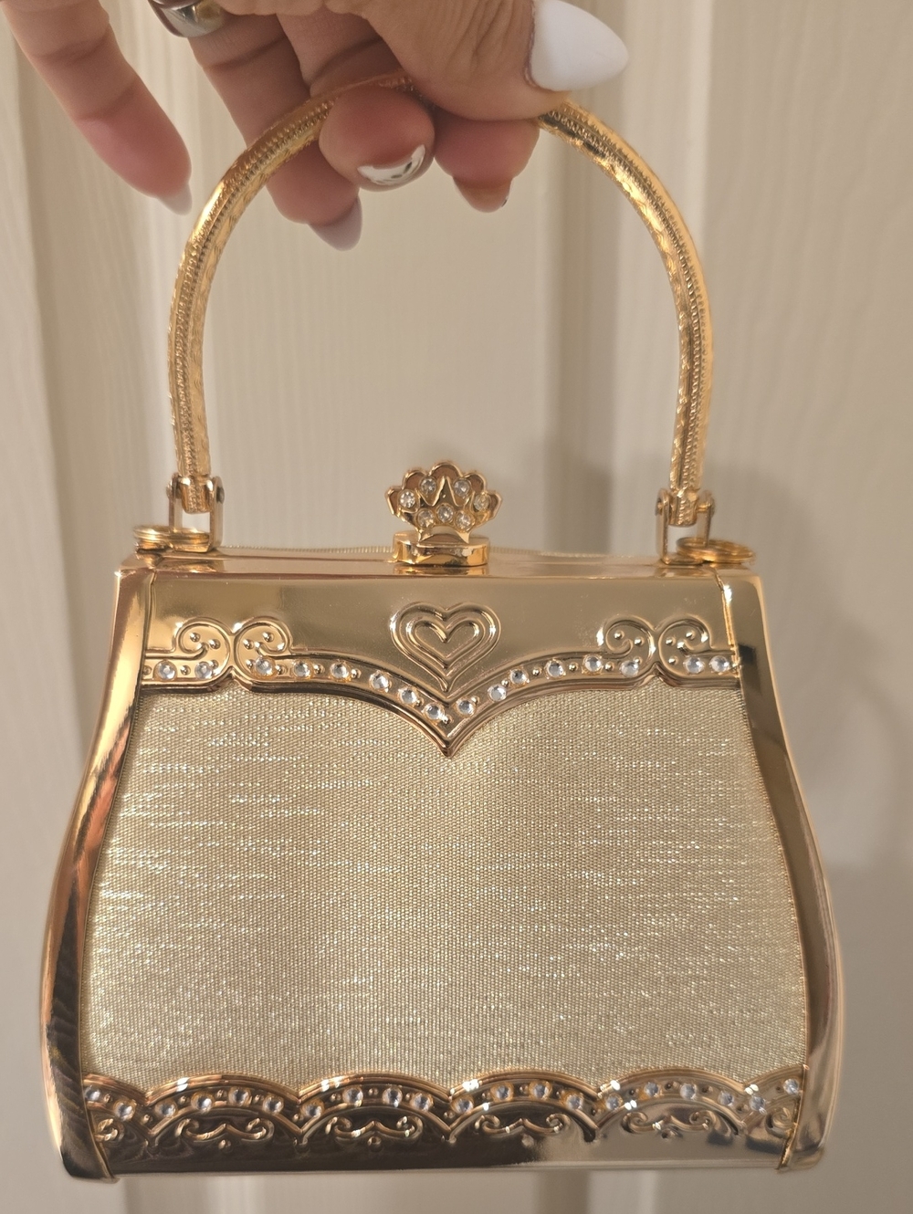 Gold Evening Top-Handle Clutch with Rhinestone Heart Accent